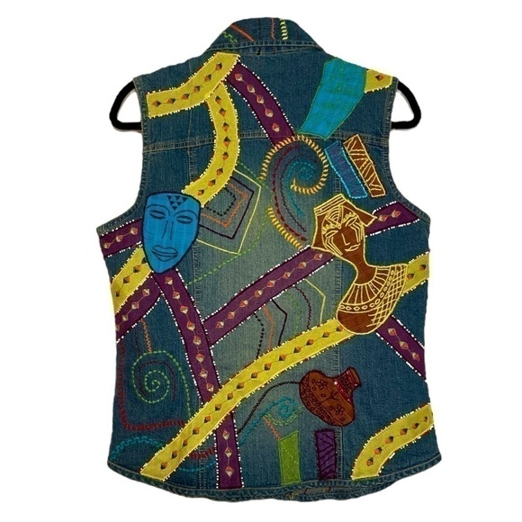 Chico's  Art to Wear Denim Embellished Beaded Button Down Denim Vest Size 8 - Picture 2 of 10